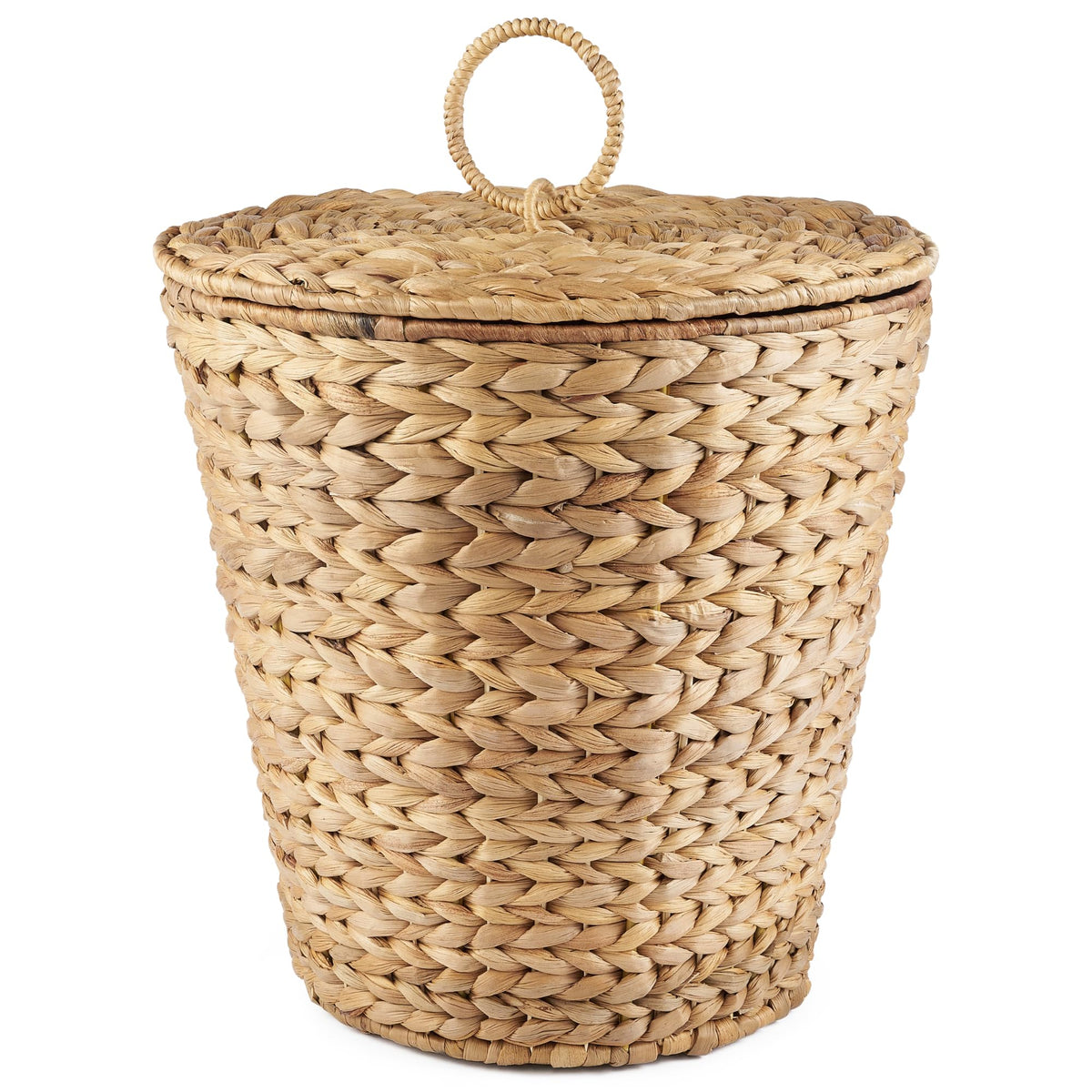 84ECO front view of wicker trash can showing natural hyacinth and lid, stylish storage