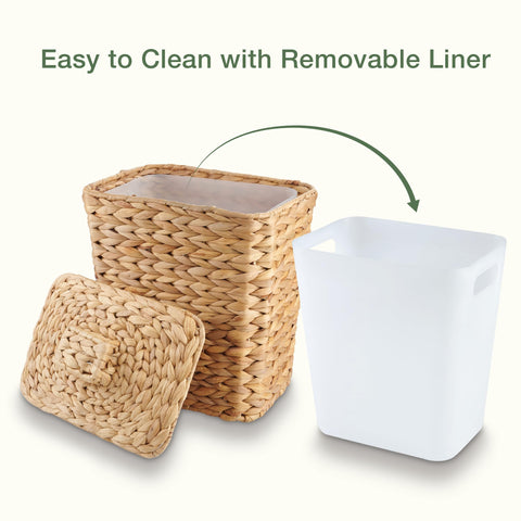 84ECO styled in a bathroom showing how the rattan bin elevates decor and hides waste