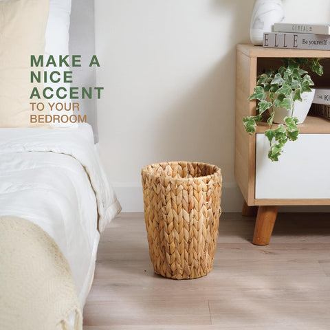 84ECO wicker trash can placed in a bathroom corner adding natural accent and discreet storage