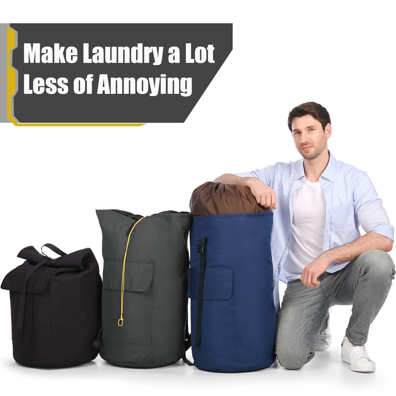 Ãzhido person wearing the bag to laundromat showing portability and ease