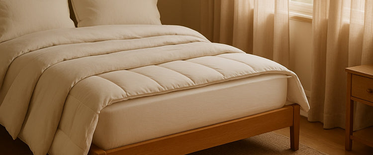 Layered bedding and mattress topper in soft morning light — The Homely Pantry hero
