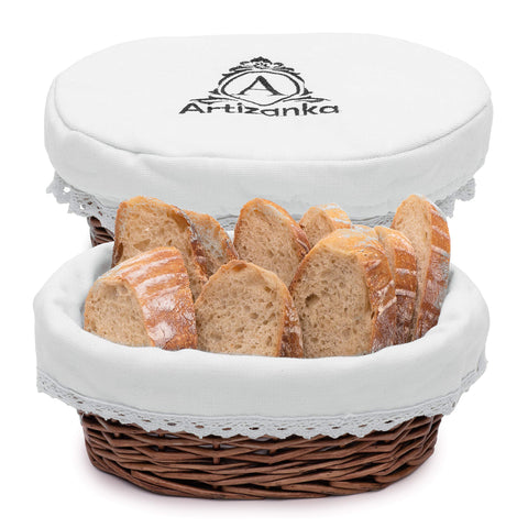 A ARTIZANKA front view wicker bread basket showcasing rustic serving benefit
