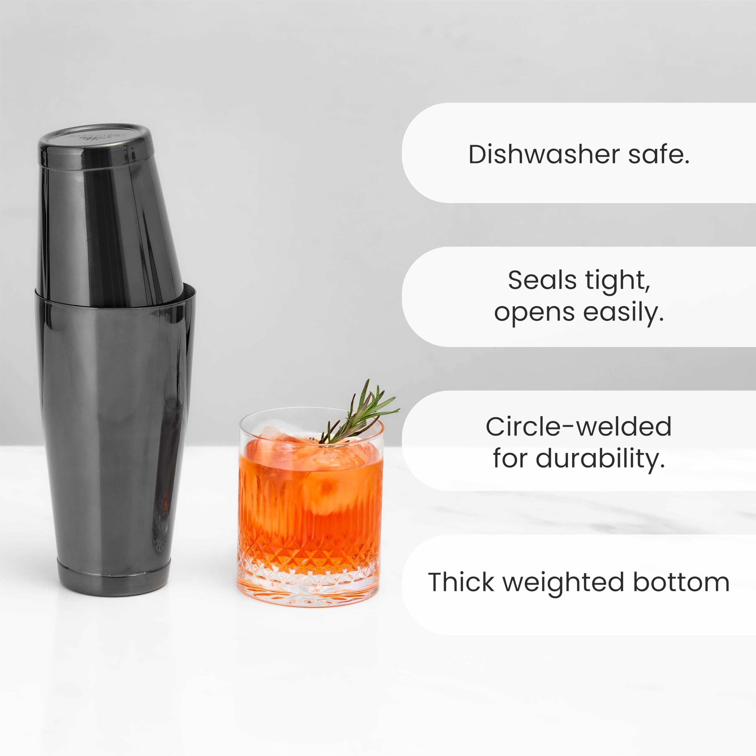 A Bar Above shaker beside a rocks glass showing 18 oz scale and portion accuracy