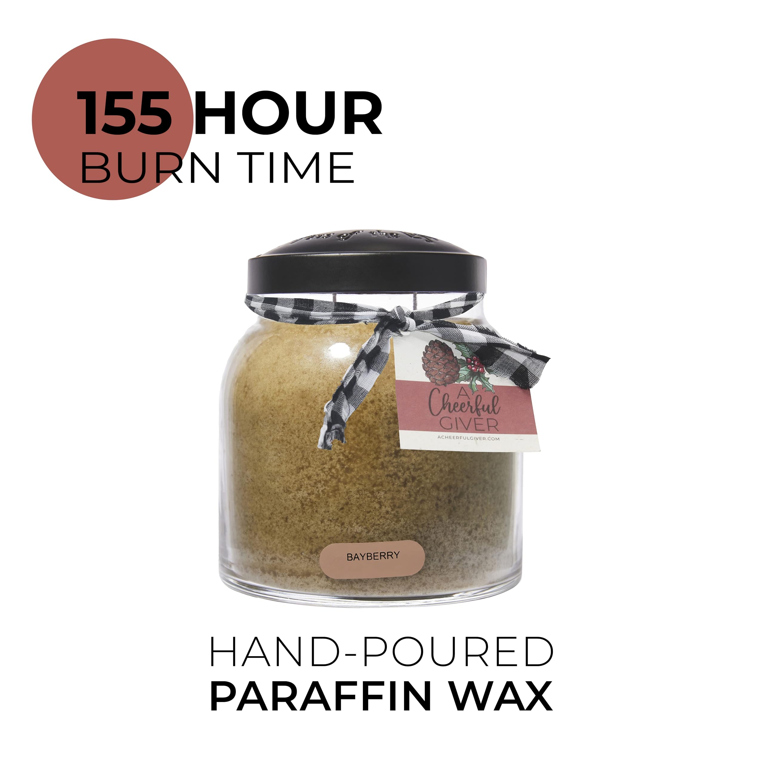 A Cheerful Giver bayberry wax and lead-free wick close-up, shows safe clean burn benefit