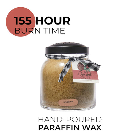 A Cheerful Giver bayberry wax and lead-free wick close-up, shows safe clean burn benefit