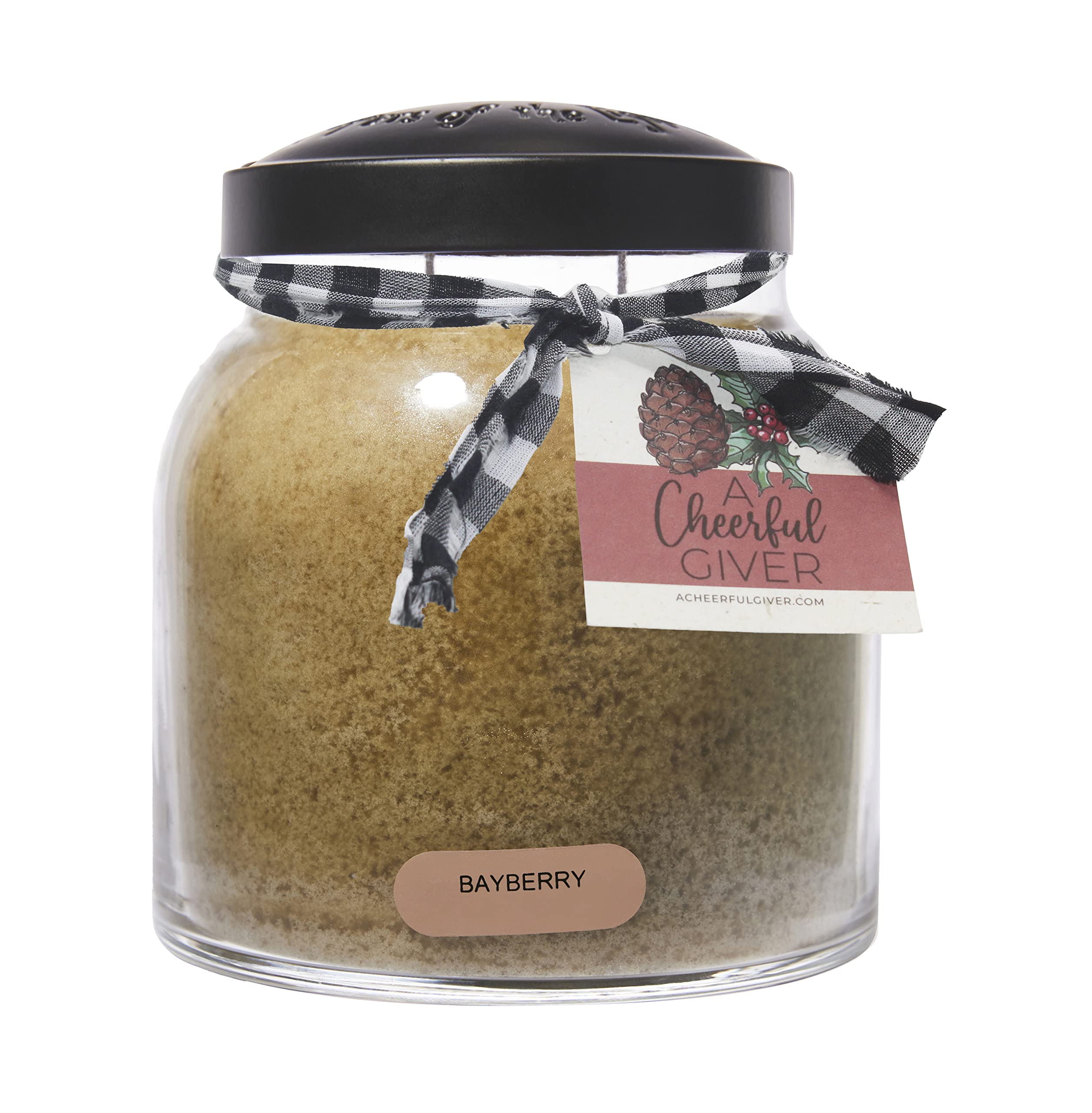 A Cheerful Giver bayberry front jar showing decorative ribbon and lid, enhances gift appeal