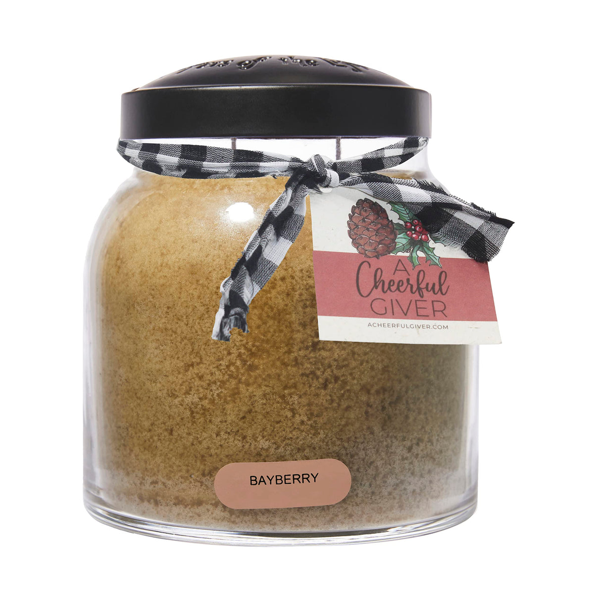 A Cheerful Giver bayberry front jar showing decorative ribbon and lid, enhances gift appeal