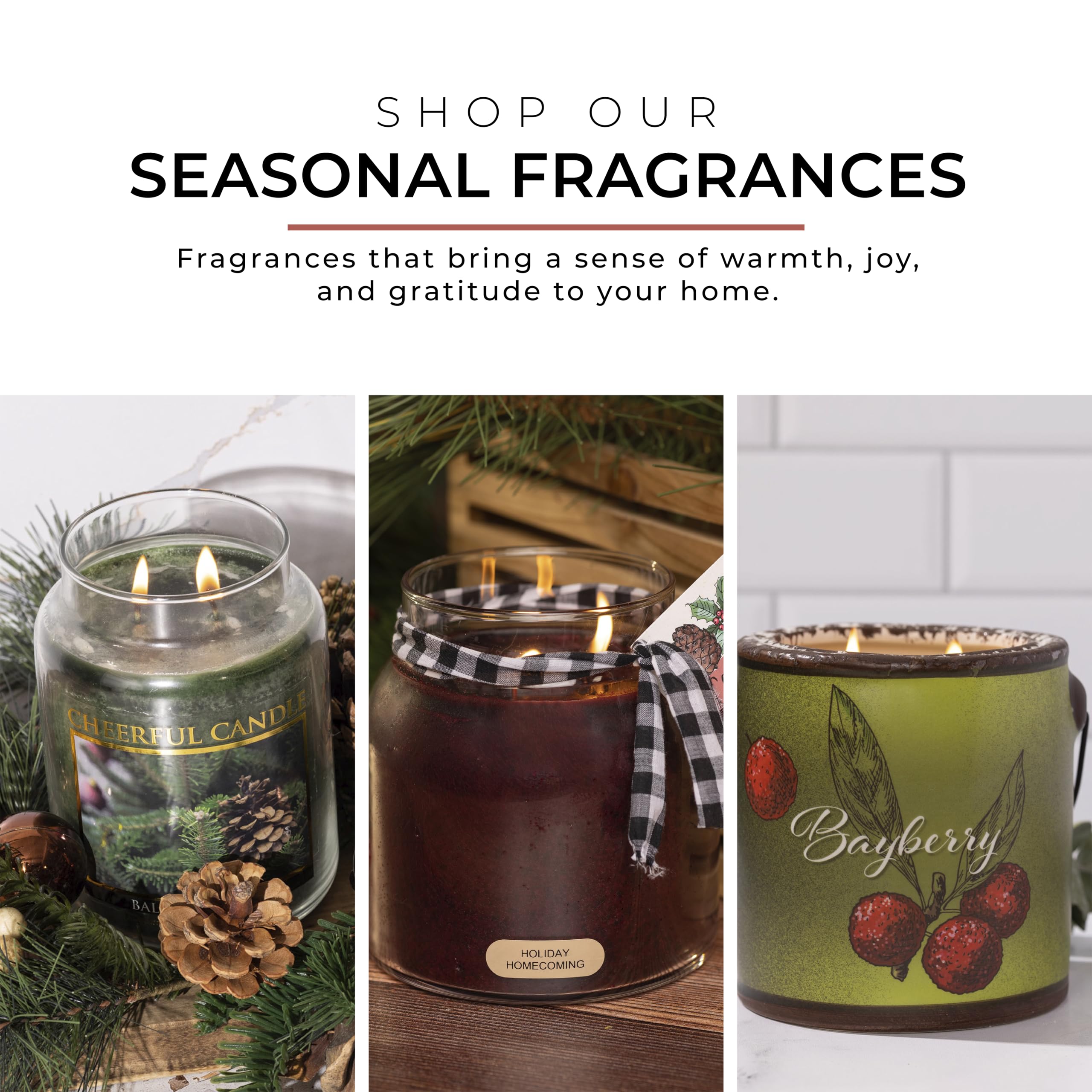 A Cheerful Giver bayberry jar lit in a living room, creates cozy seasonal ambiance benefit