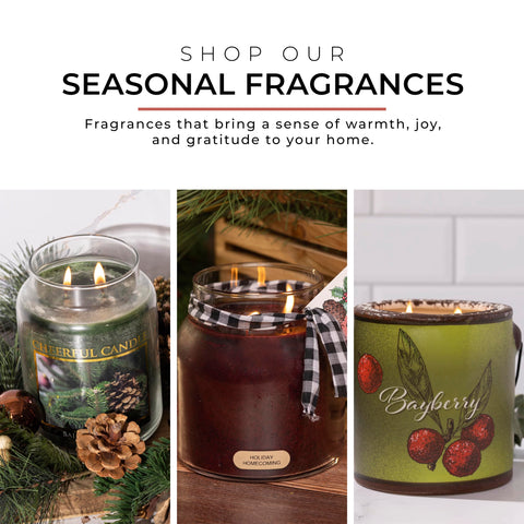 A Cheerful Giver bayberry jar lit in a living room, creates cozy seasonal ambiance benefit