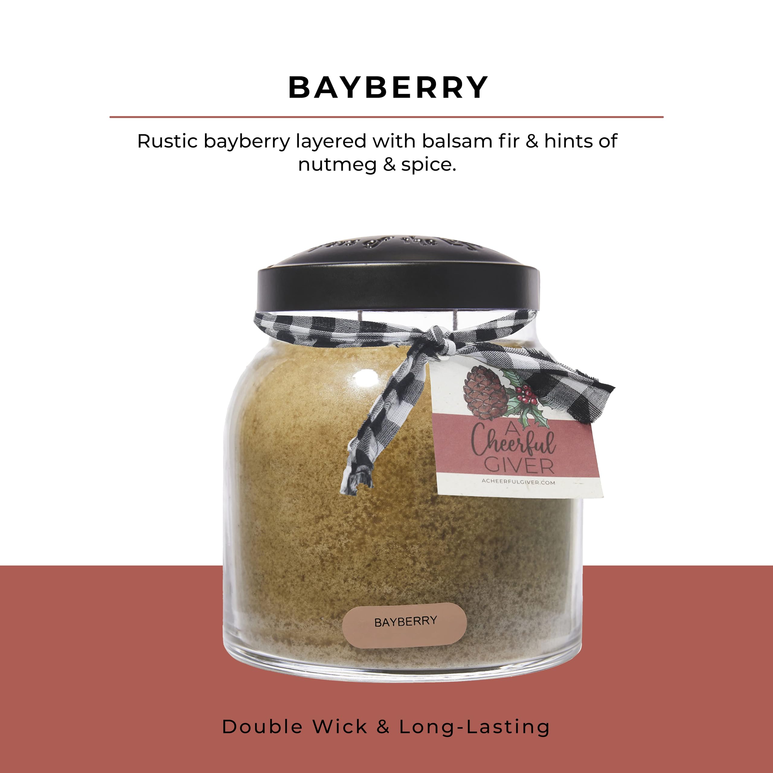 A Cheerful Giver bayberry close-up of black lid and homespun ribbon, highlights presentation quality