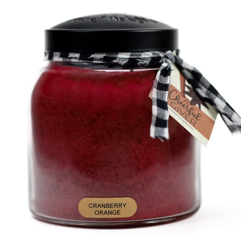 A Cheerful Giver front jar showing cranberry orange scent and decorative ribbon benefit display-ready