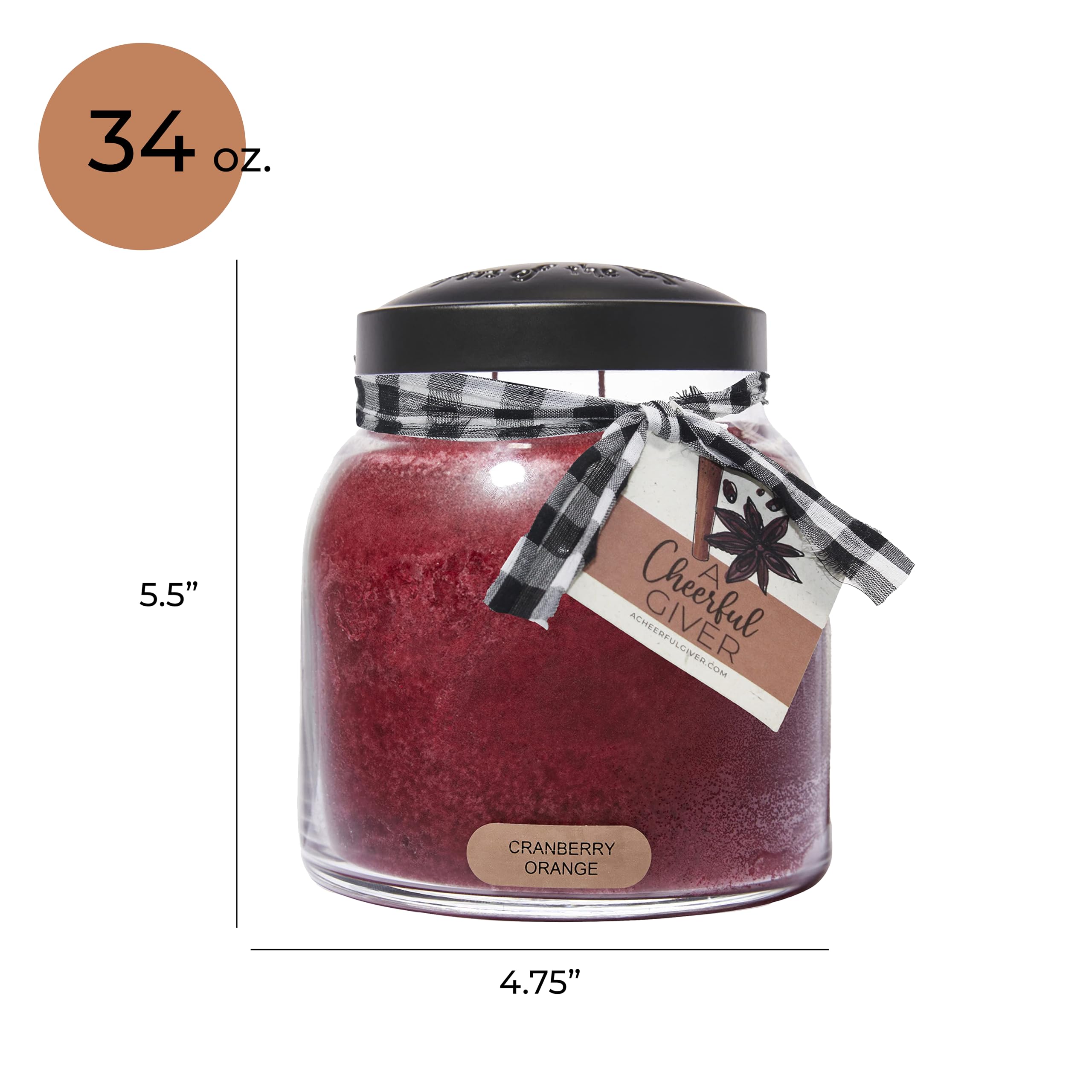 A Cheerful Giver candle next to a soda can showing 34oz scale and long burn time