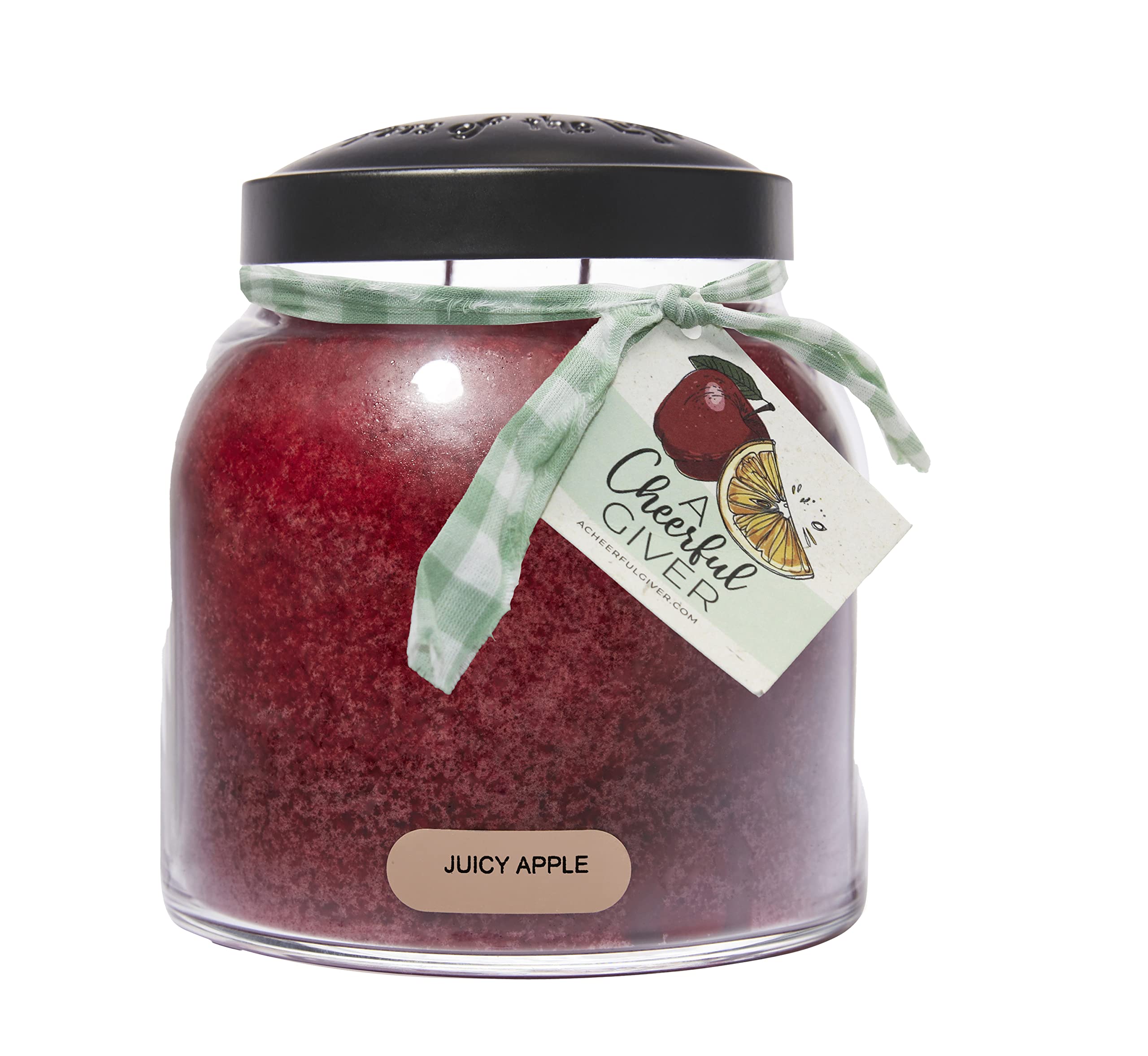 A Cheerful Giver front jar packaging showing vibrant red candle and ribbon benefits gifting