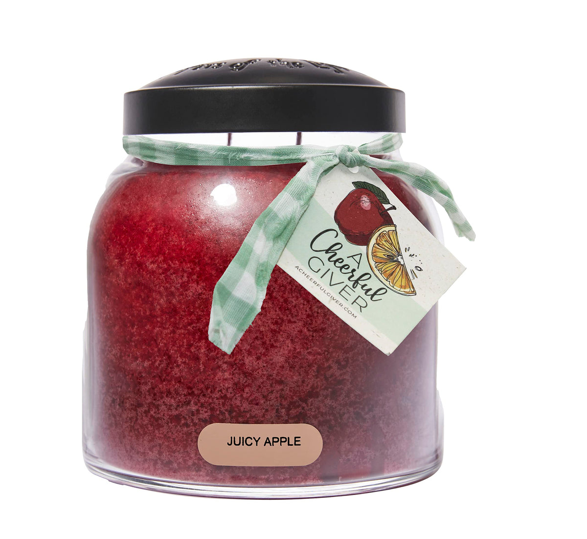 A Cheerful Giver front jar packaging showing vibrant red candle and ribbon benefits gifting