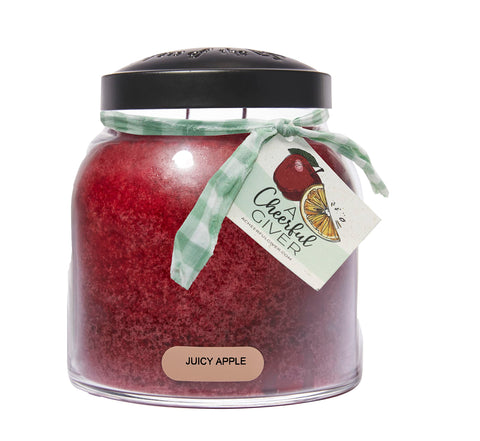 A Cheerful Giver front jar packaging showing vibrant red candle and ribbon benefits gifting