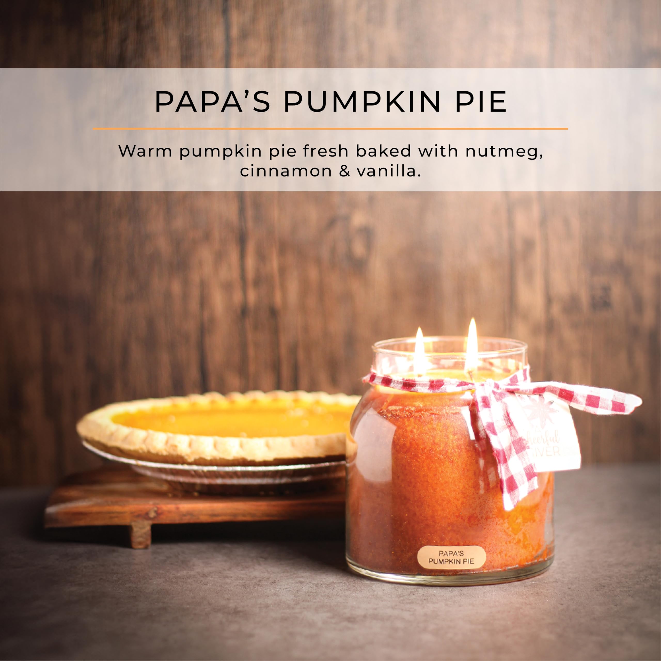 A Cheerful Giver lid detail on Papa's Pumpkin Pie jar preserving fragrance and keeping wax clean