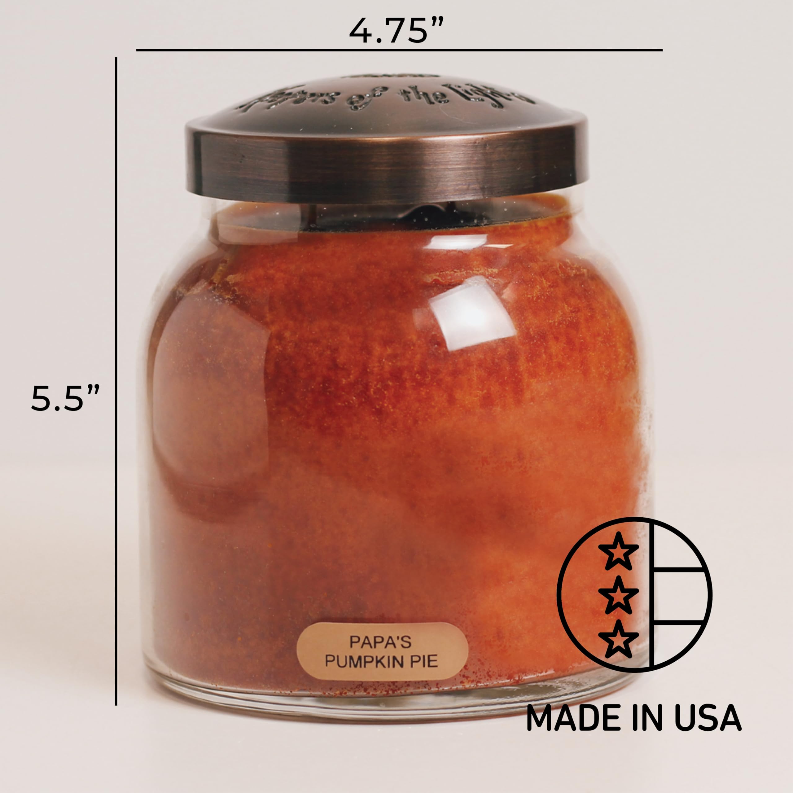 A Cheerful Giver candle held in a hand for scale showing 34oz size and substantial burn time