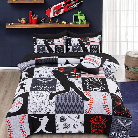 A Nice Night comforter front view showing baseball print and modern black design benefit: bold bedroom style