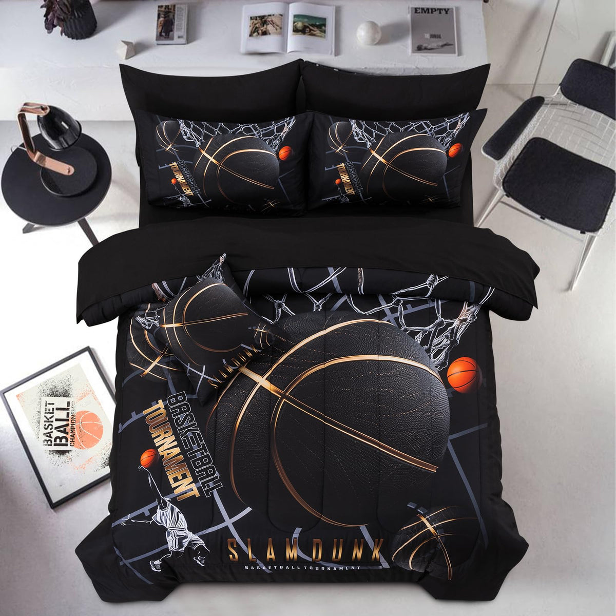 A Nice Night front view of full bed showing basketball design and cozy look