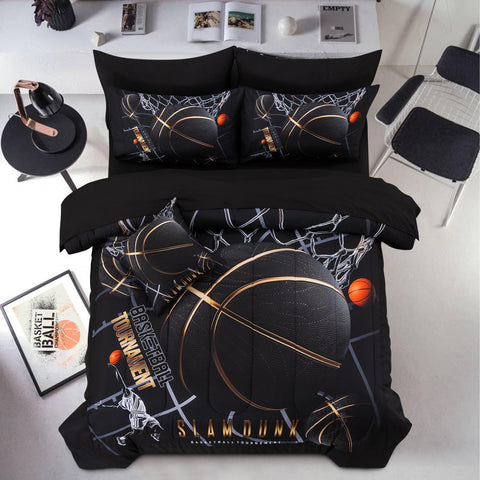 A Nice Night front view of full bed showing basketball design and cozy look
