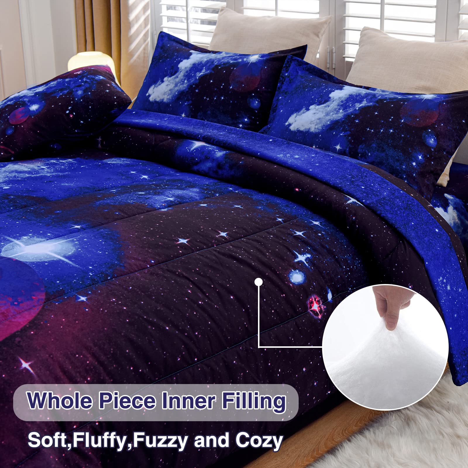A Nice Night staged bedroom with galaxy bedding showcasing dramatic room impact