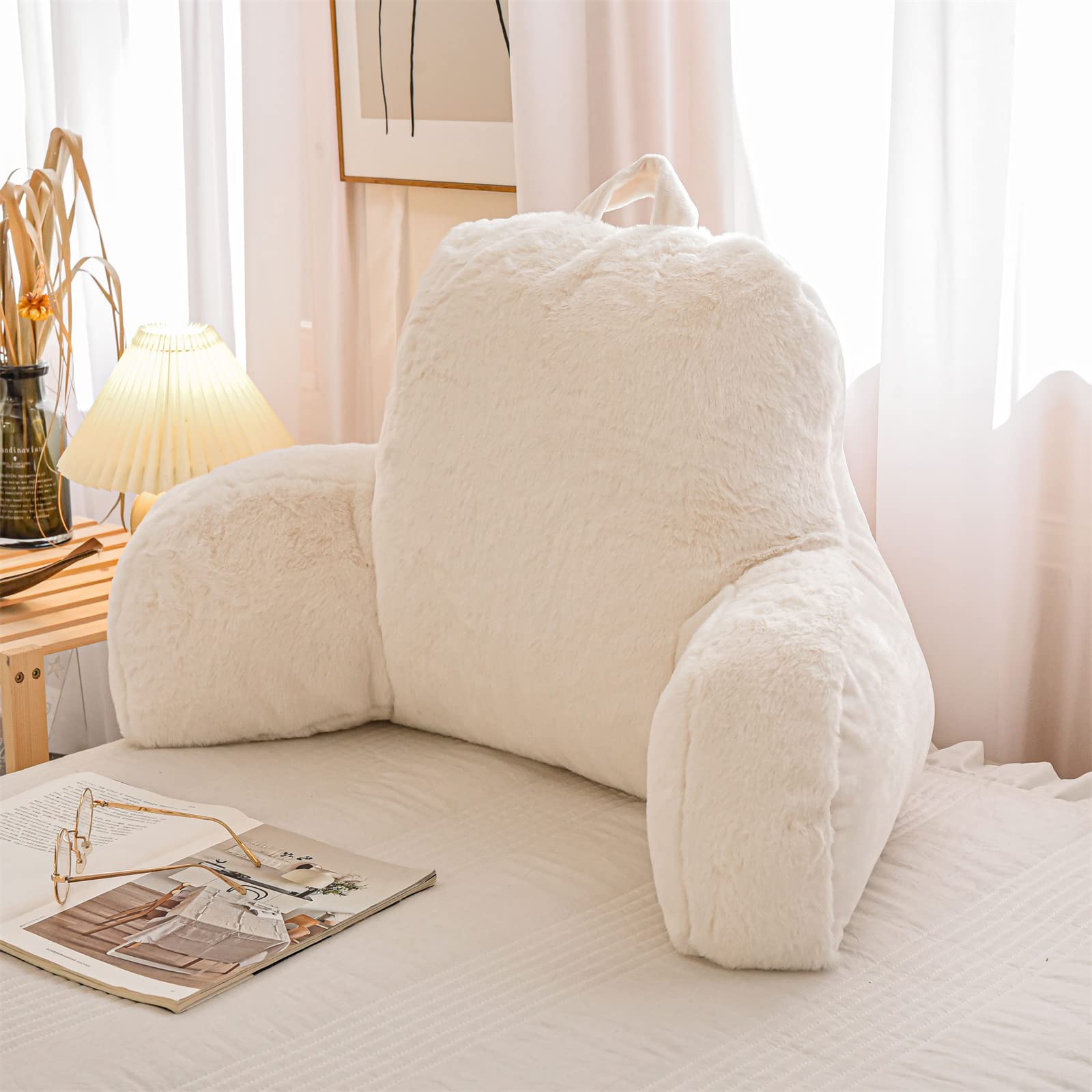 A Nice Night front view of ivory reading pillow showing full shape and plush cover for comfortable support