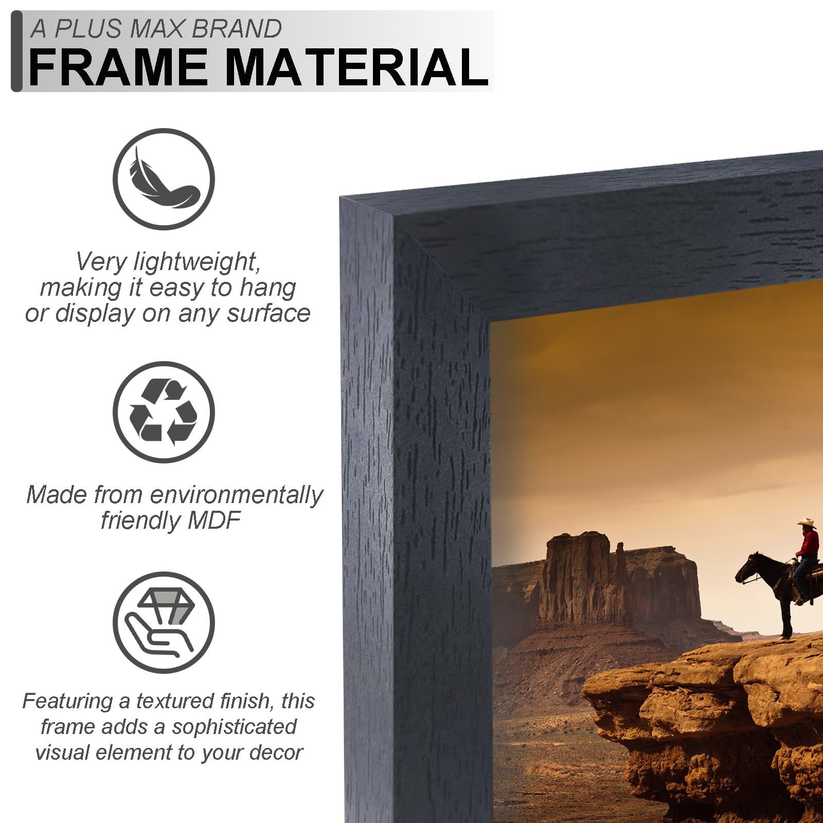 A PLUS MAX close-up of frame corner highlighting black finish and secure join