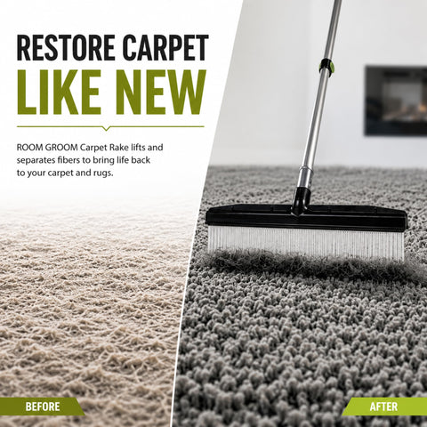 A-to-Z Supply rake in use on shag rug showing pet hair removal and pile restoration benefit