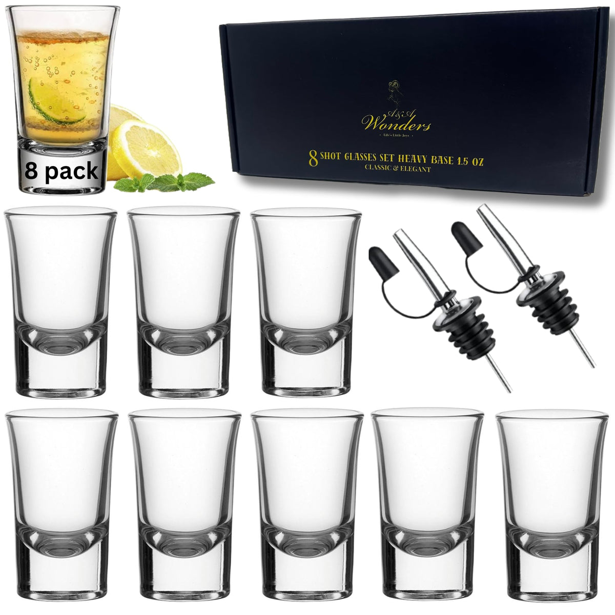 A&A Wonders front packaging showing full boxed shot glass set and gift-ready presentation