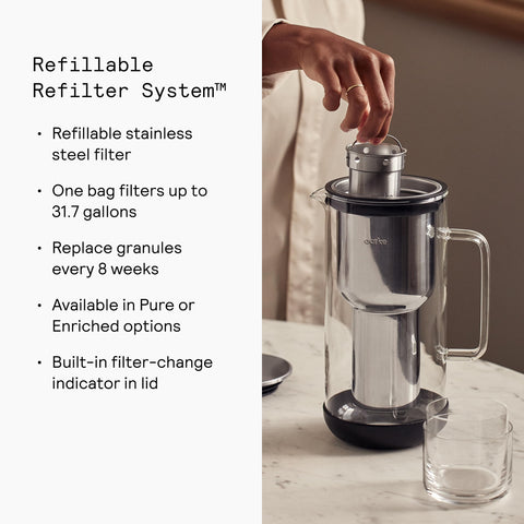 Aarke Purifier pouring water to show smooth pour and easy refill benefit