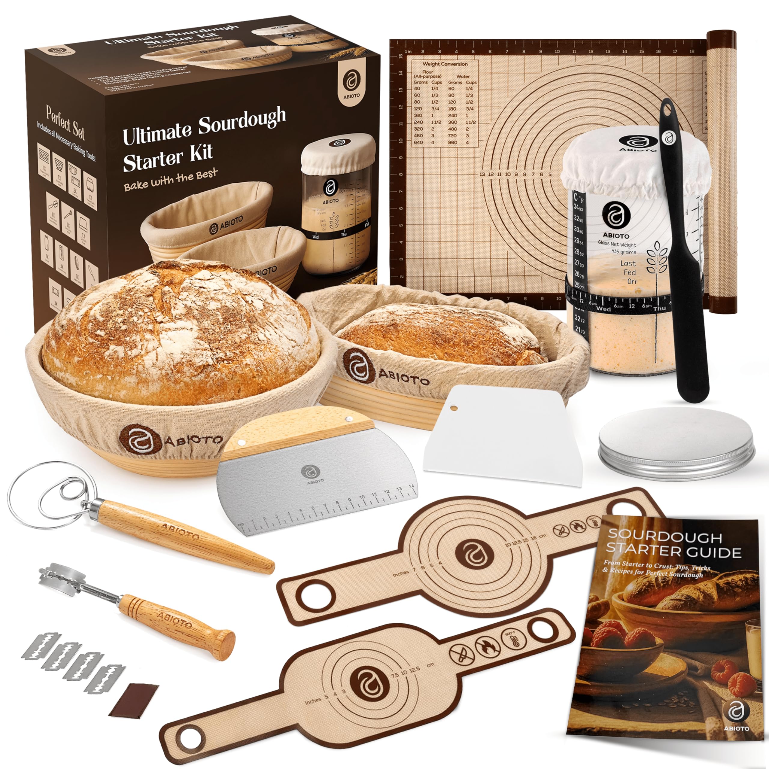 ABIOTO full kit laid out showing jars, bannetons, and tools for easy baking