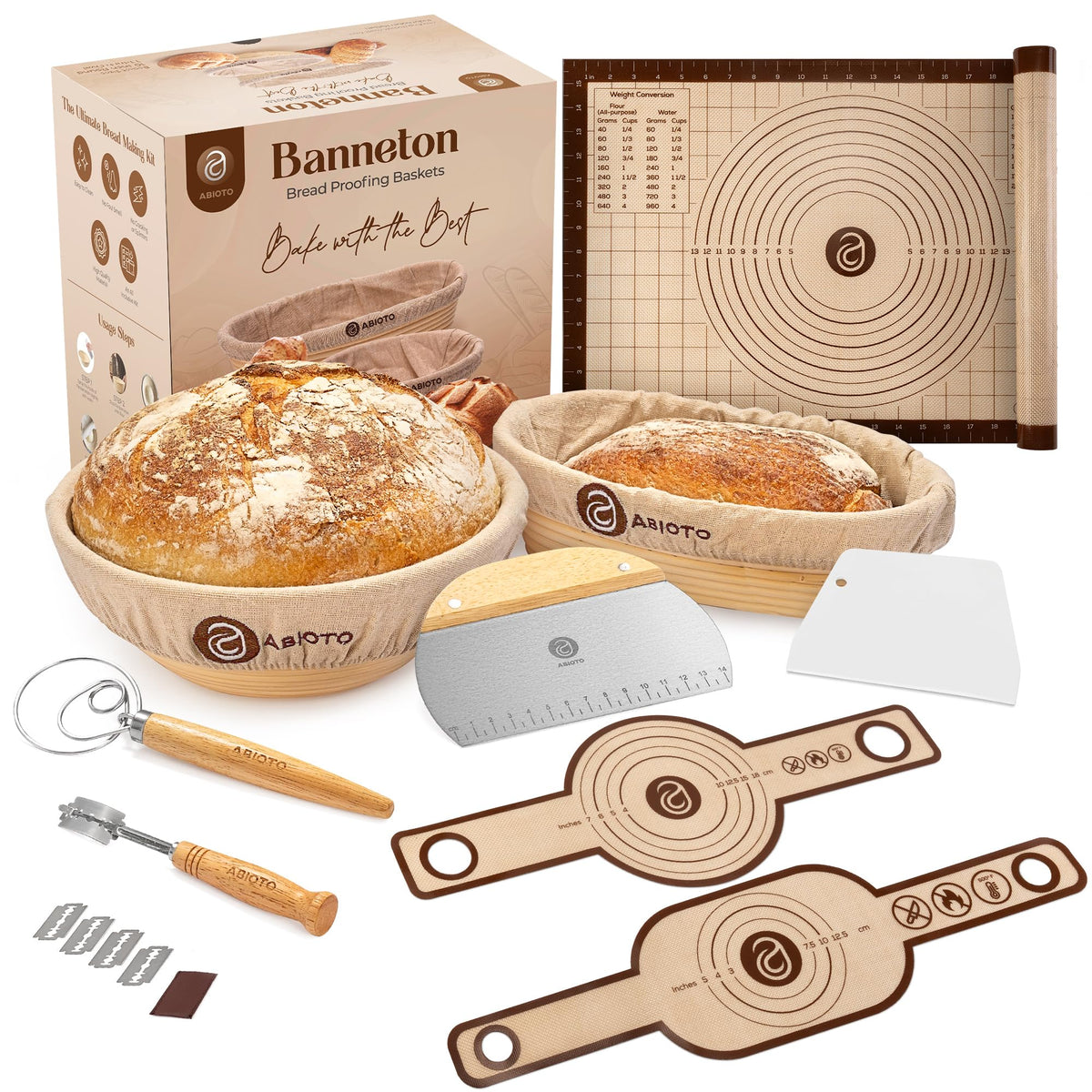 ABIOTO front packaging showing full 17-piece kit for complete baking