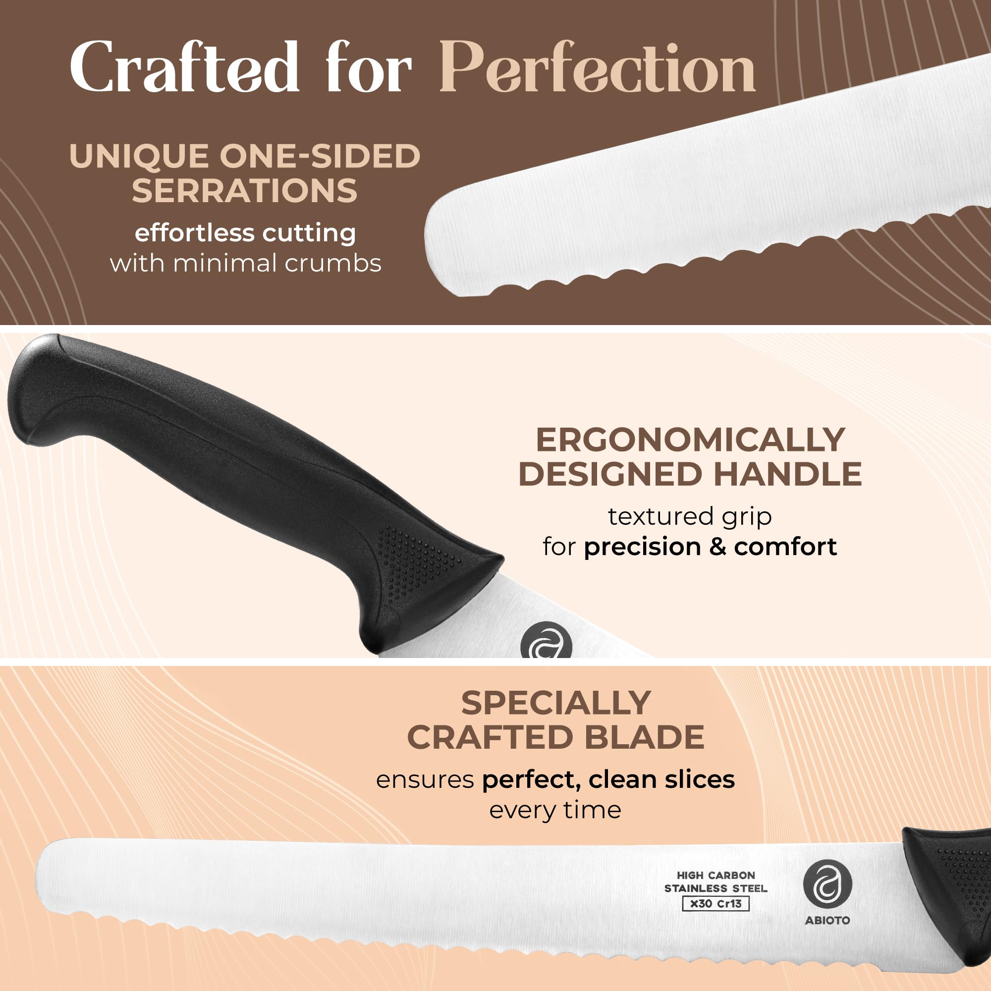 ABIOTO ergonomic handle textured grip for secure comfortable slicing