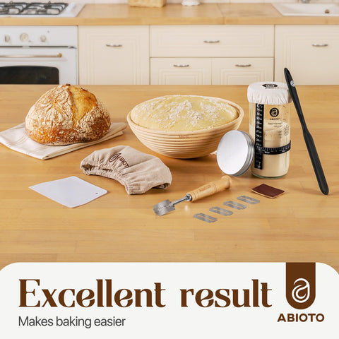 ABIOTO lifestyle kitchen baking scene showing finished loaf and kit benefits