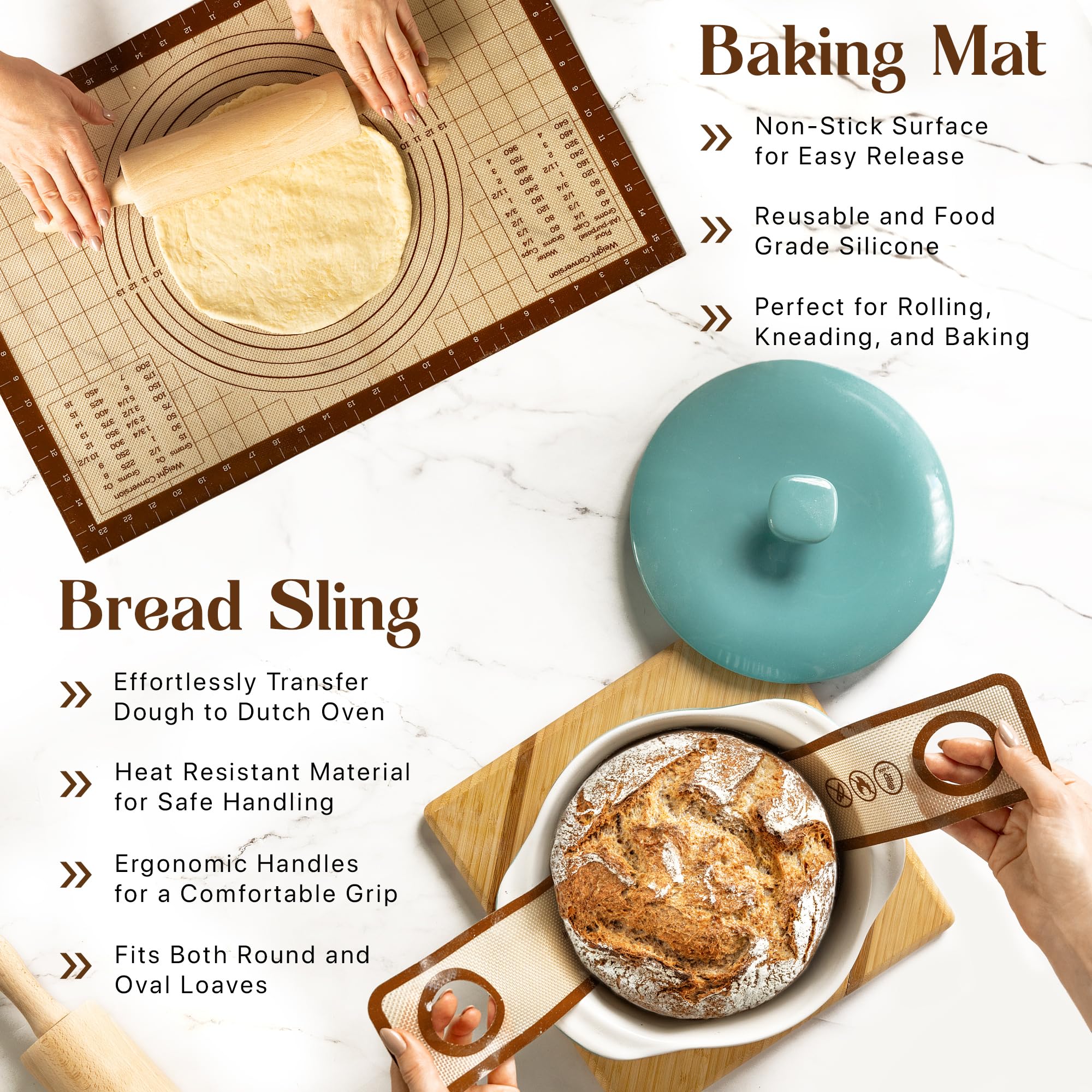 ABIOTO slings lifting shaped loaf into Dutch oven for safe transfer