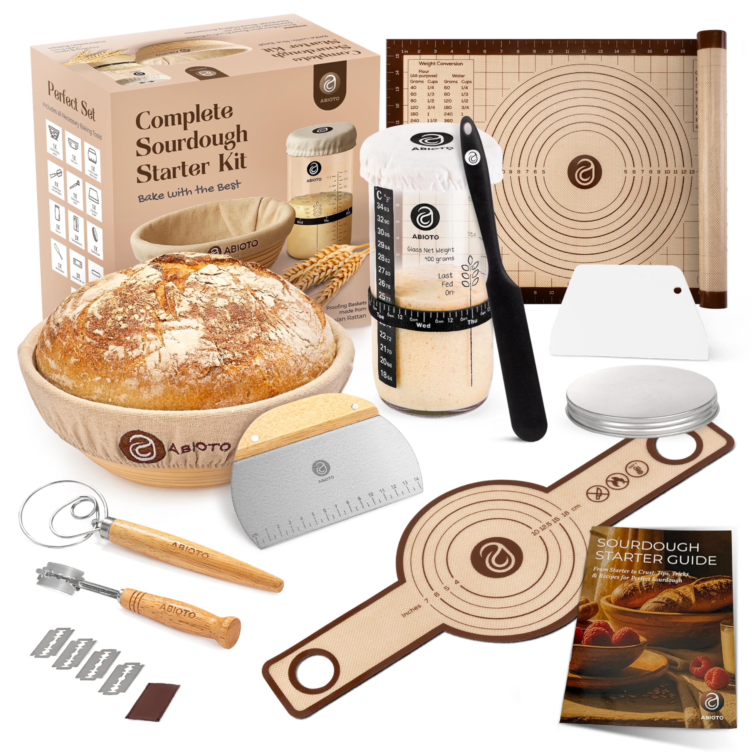 ABIOTO starter kit front display showing all 21 pieces and starter jar benefits