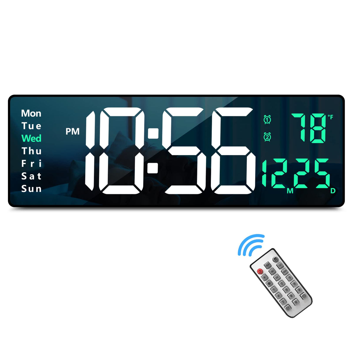 Abovsare front display showing large green digits and clear time readout for easy viewing