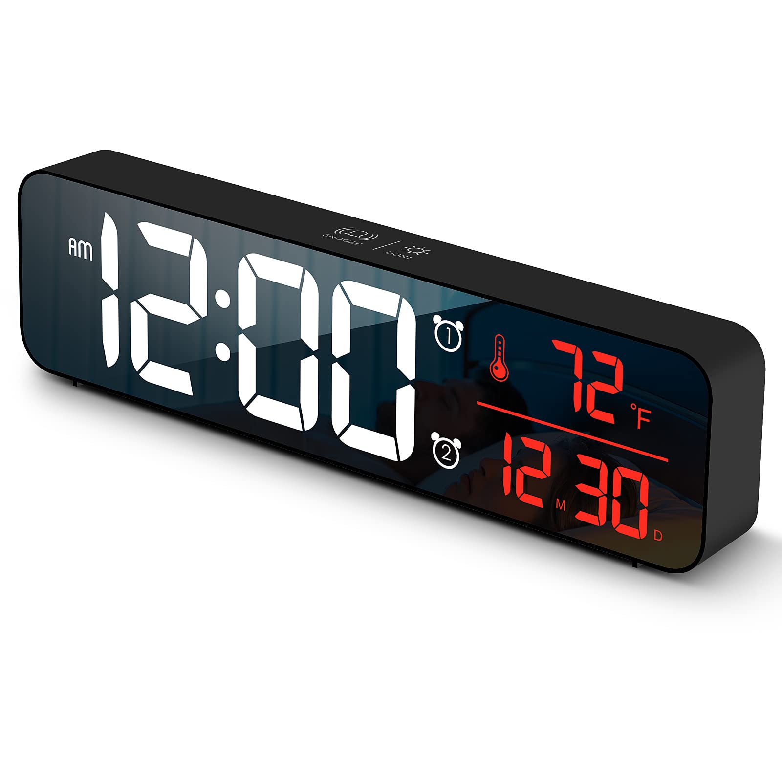 Abovsare front mirror display showing large readable time and date benefit