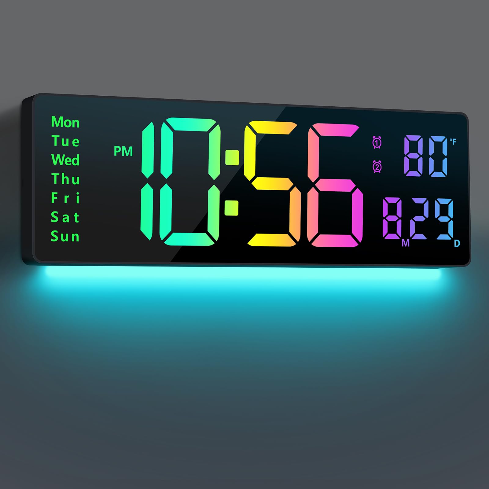 Abovsare front view of 16 inch LED clock showing multicolor digits and clear visibility