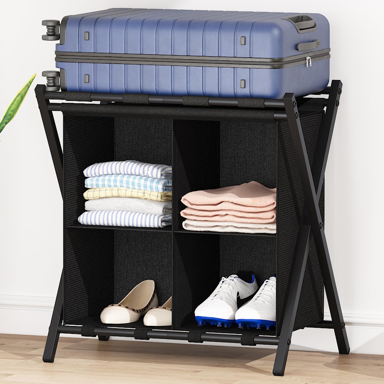 aboxoo front-facing luggage rack showing compact footprint and tidy storage benefit