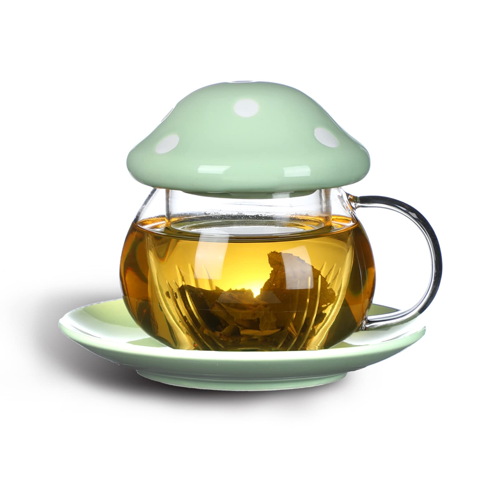 Aboyer mushroom cup front view showing clear glass and green mushroom design, stylish daily use