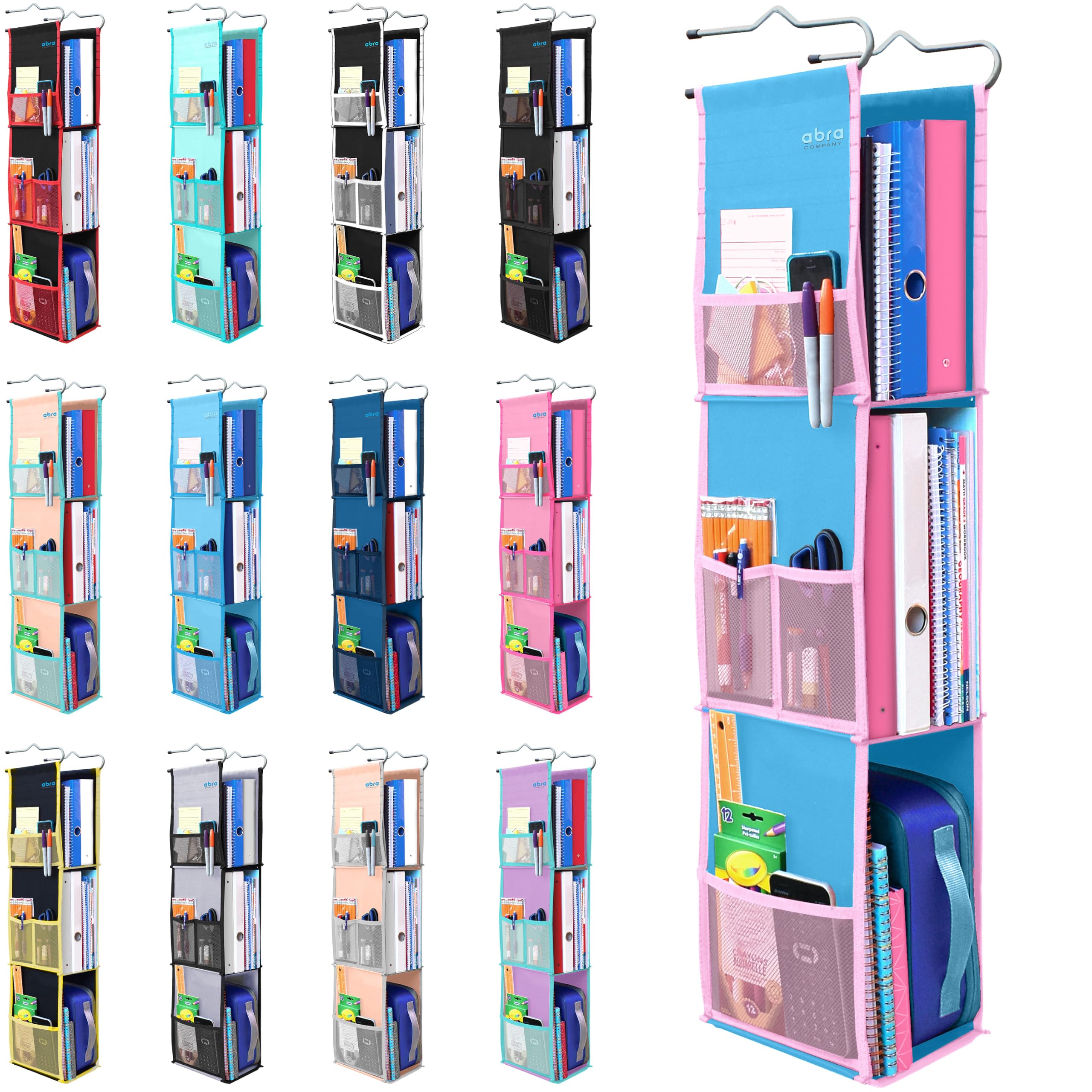ABRA front view showing three hanging shelves and neat storage benefit