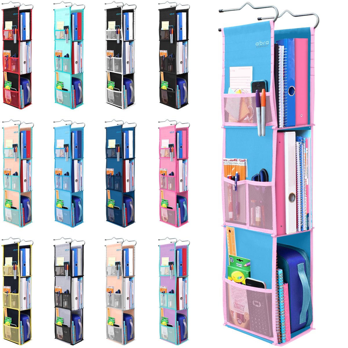 ABRA front view showing three hanging shelves and neat storage benefit