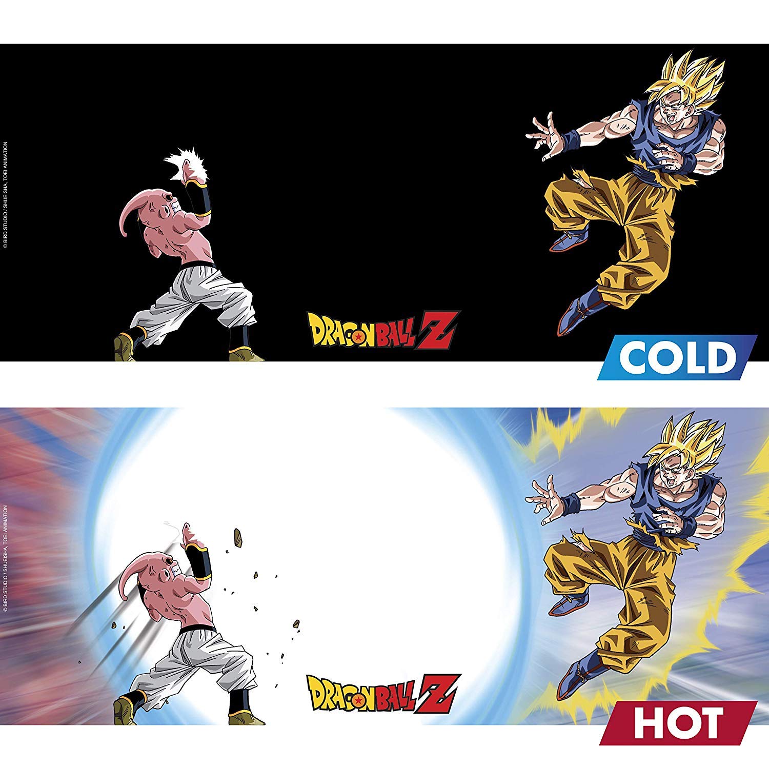 ABYSTYLE close-up heat-reveal detail showing changing Goku vs Buu art for surprise