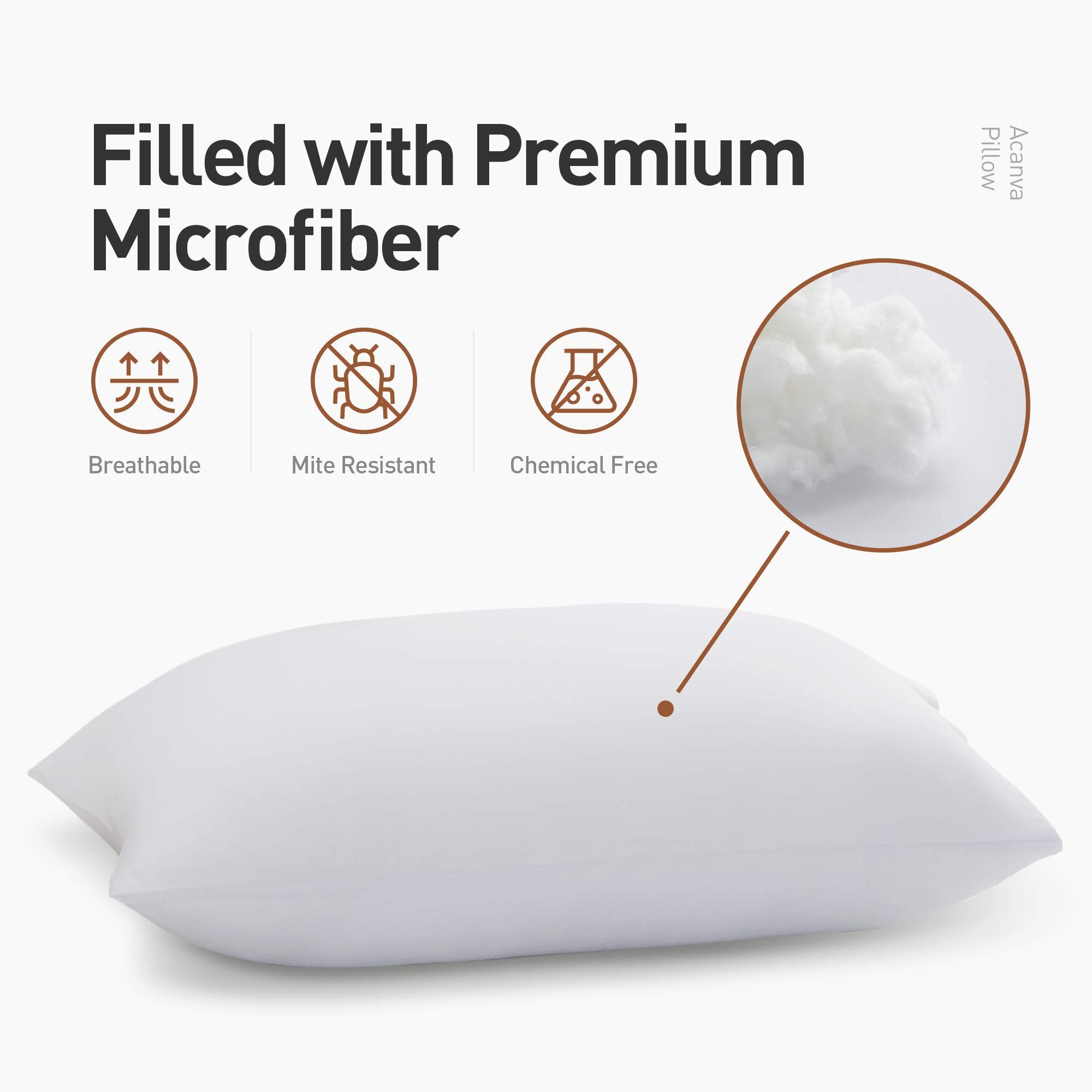 Acanva pillow close-up of high-thread-count polyester shell, breathable feel benefit
