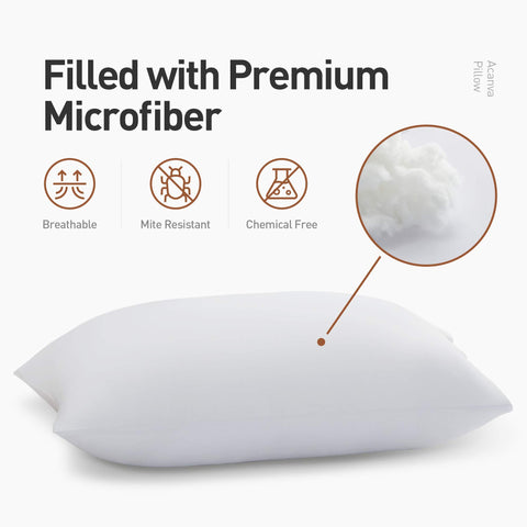 Acanva pillow close-up of high-thread-count polyester shell, breathable feel benefit