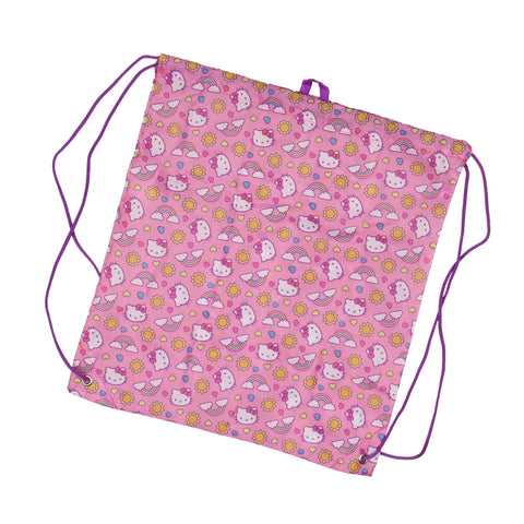 Accessory Innovations Hello Kitty cinch bag worn by child showing lightweight carry for gym or extras