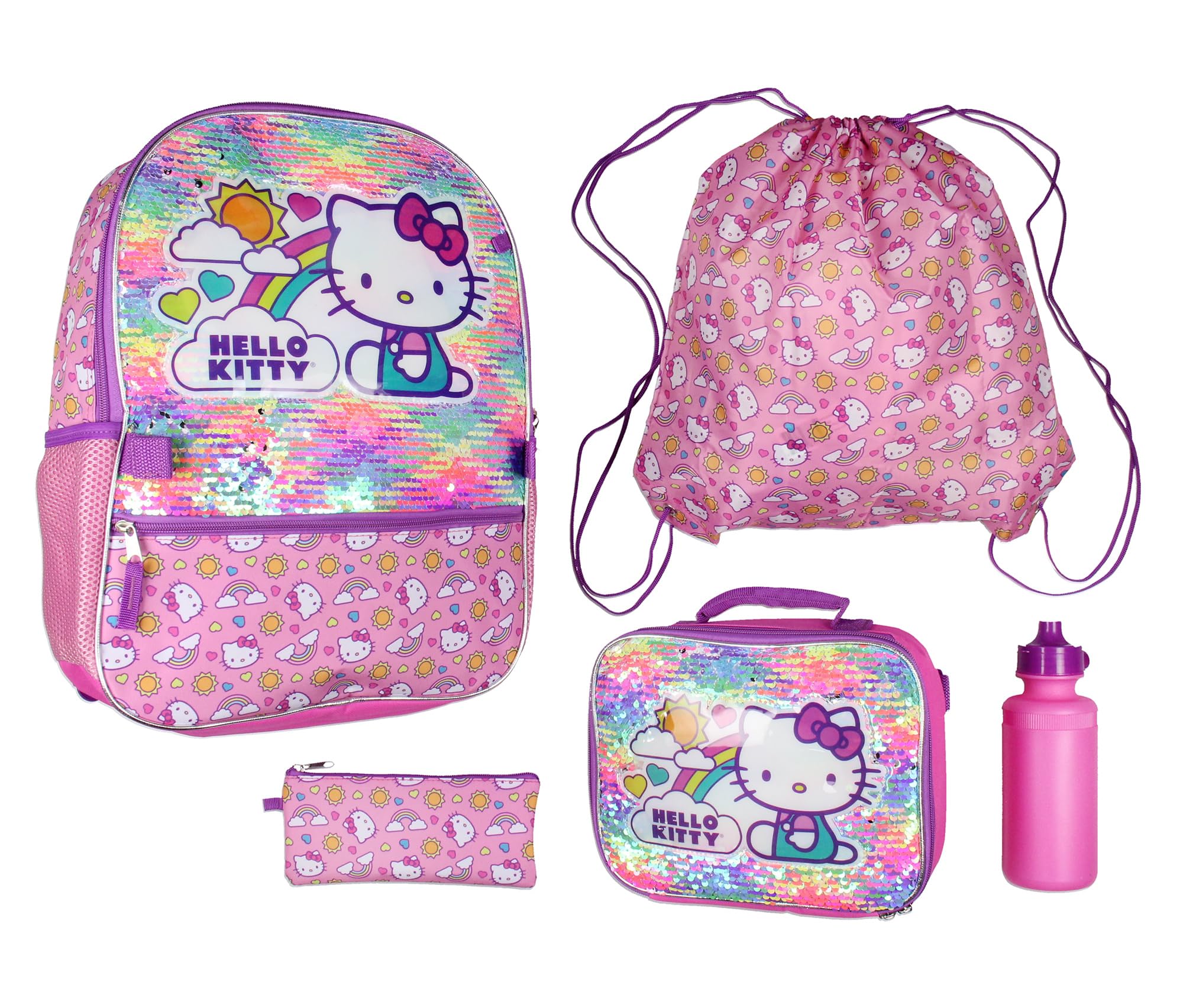 Accessory Innovations Hello Kitty backpack front view showing neon rainbows and padded straps for comfort