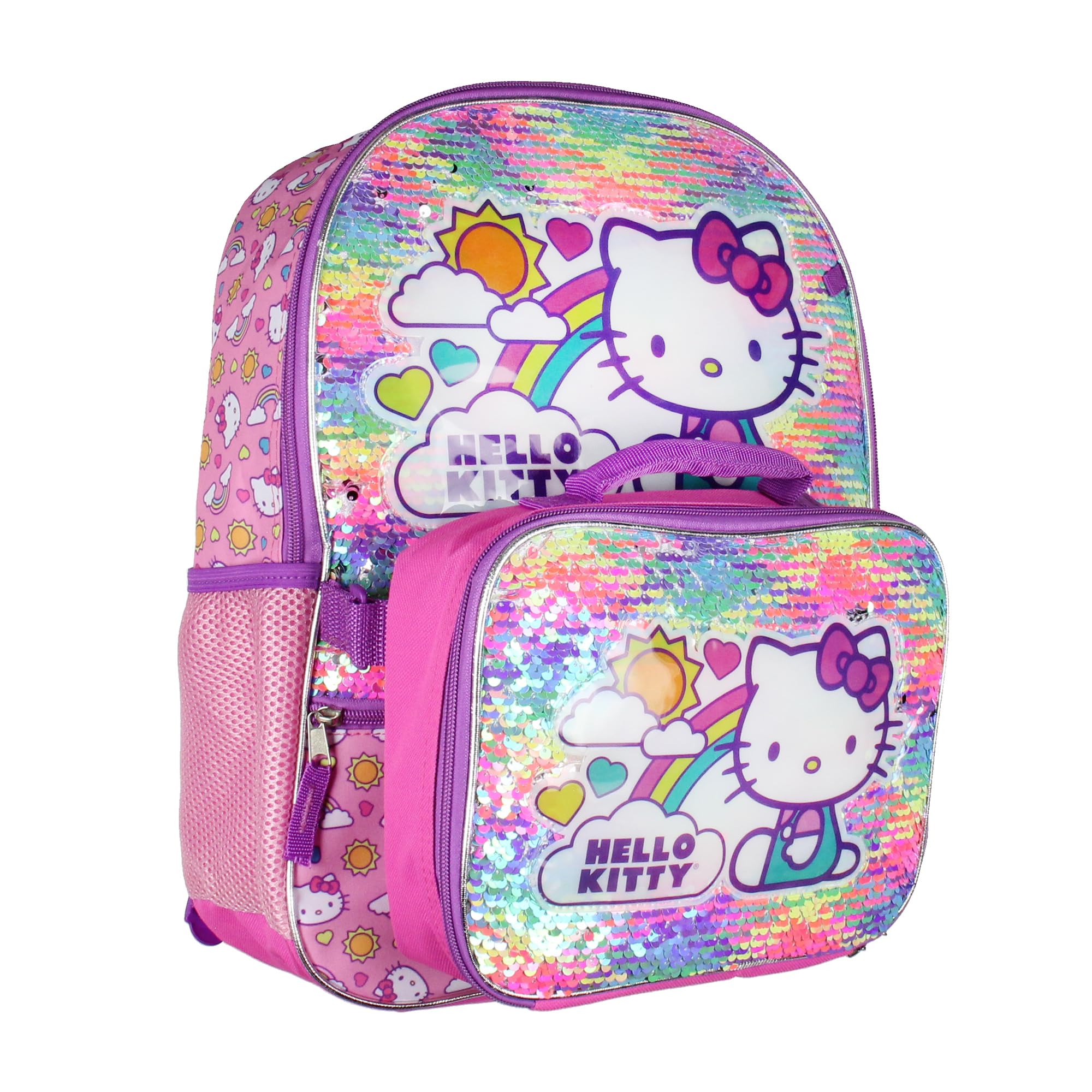 Accessory Innovations Hello Kitty lunch tote attached to backpack demonstrating hands-free carry convenience