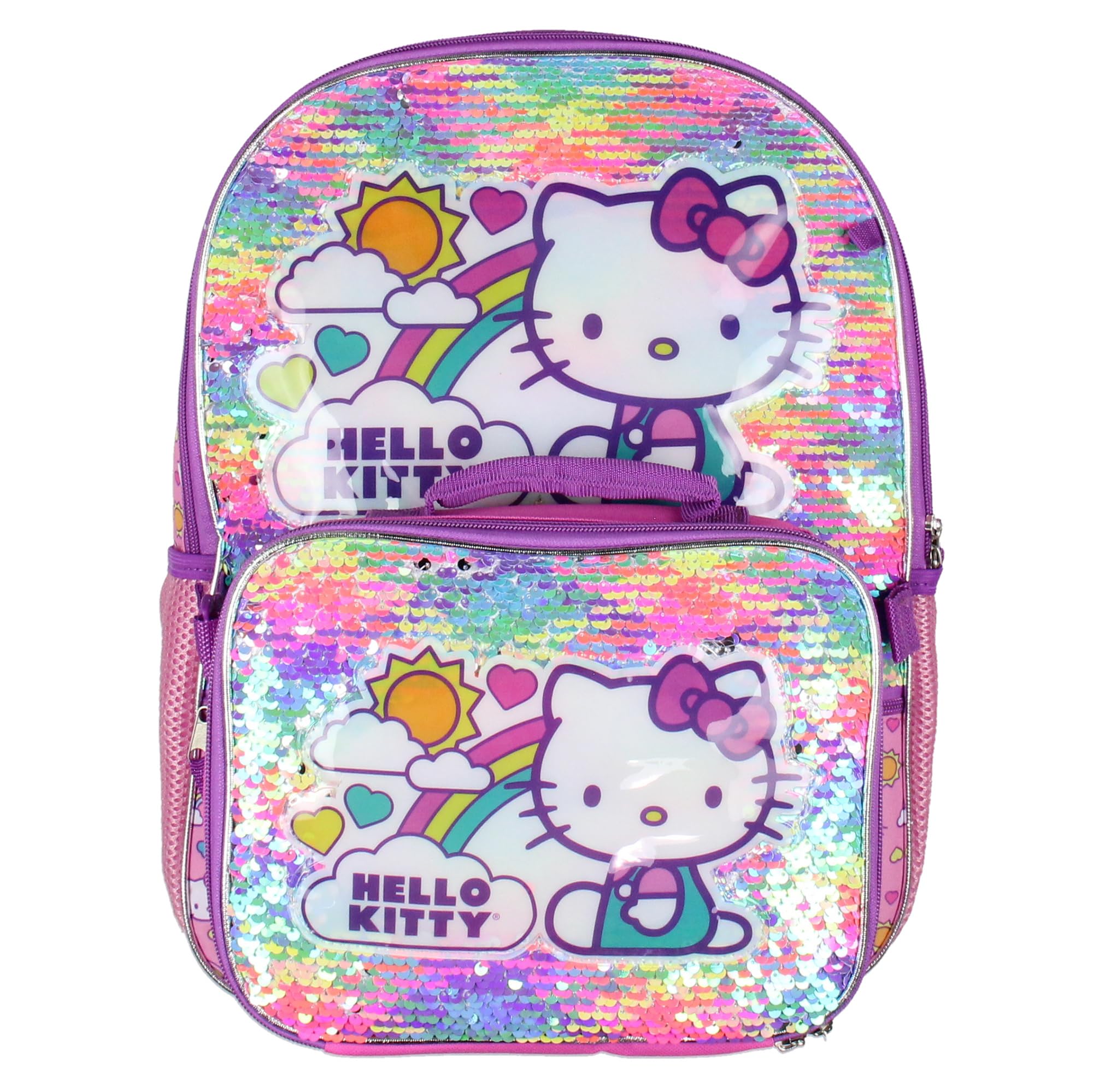 Accessory Innovations Hello Kitty magic sequin close-up showing reversible neon to silver effect and playful texture